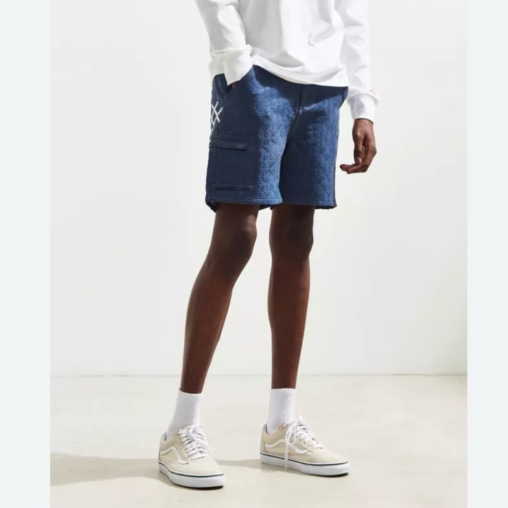 Urban Outfitters Lucid FC Denim Shorts Mens XL Blue Quilted Embroidery Logo NWOT